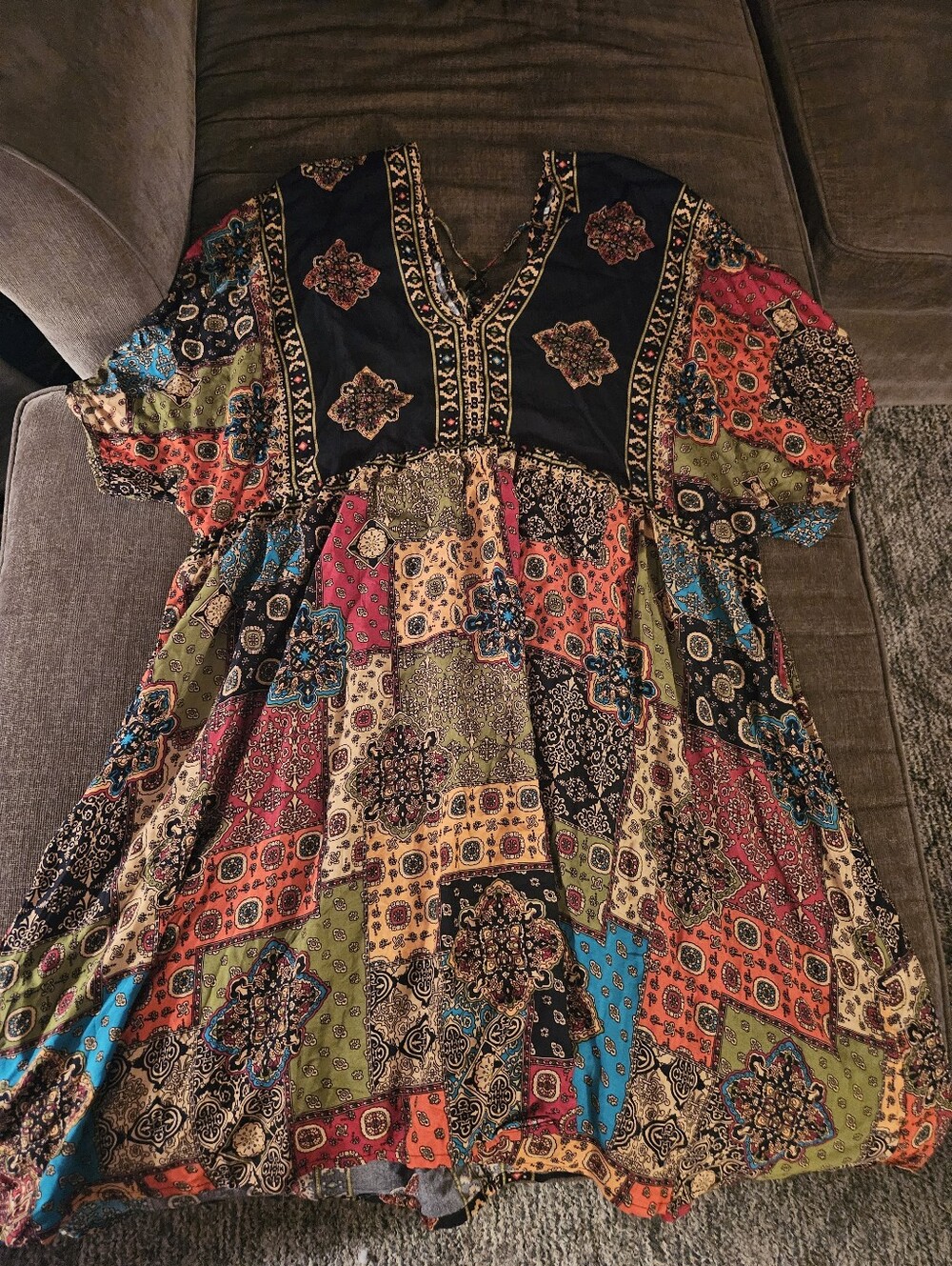 Patchwork-print V-neck babydoll dress with short batwing sleeves Size 1X